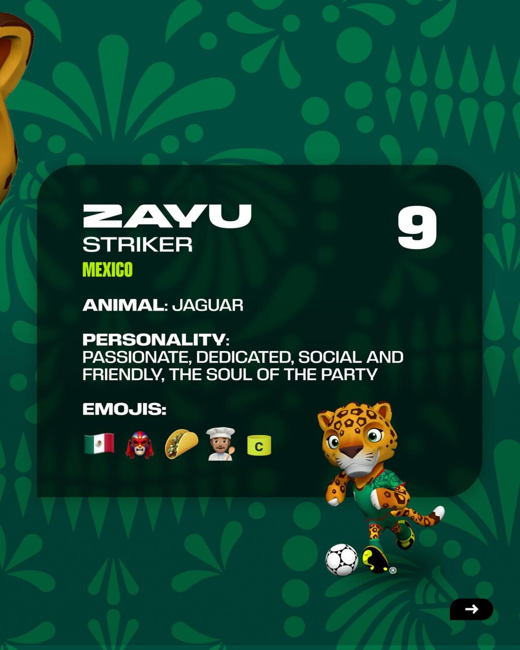 Mascote Zayu, um jaguar representando o México, com a camisa 9. Descrição inclui sua personalidade como apaixonado, dedicado, sociável e amigável, e apresenta emojis temáticos.