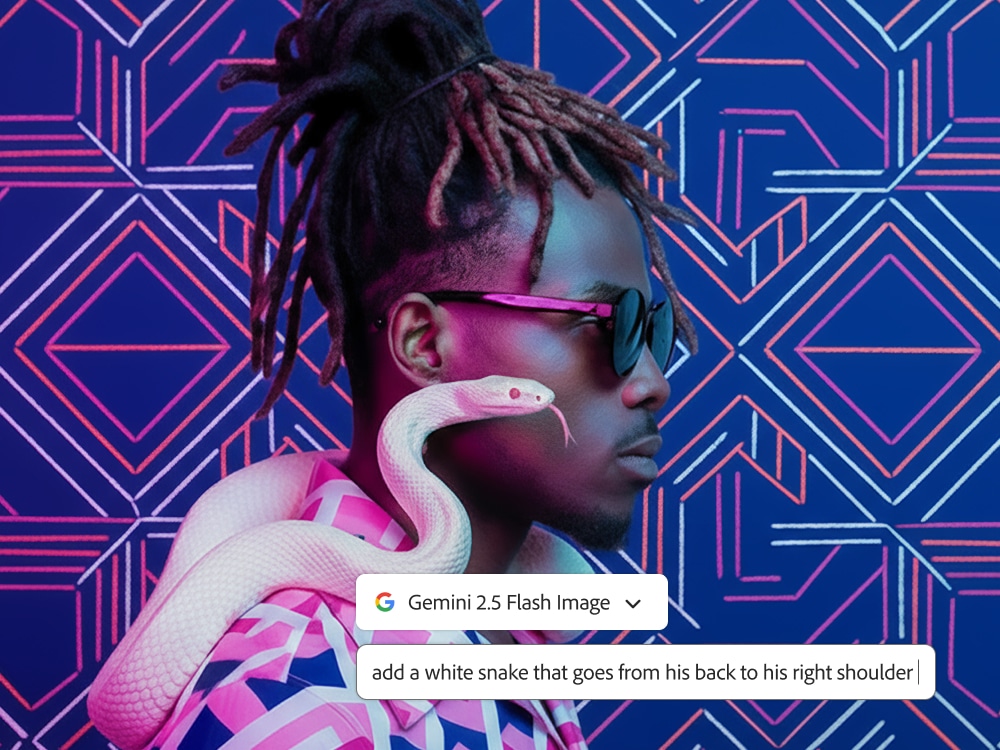 Imagem de uma pessoa com cabelo dreadlock usando óculos escuros, com uma cobra branca enrolada em seu pescoço, contra um fundo de padrões geométricos coloridos.