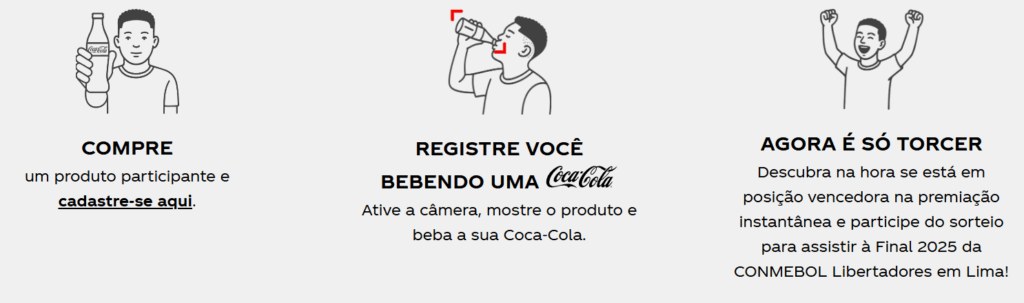 Ilustração de uma pessoa segurando uma garrafa de Coca-Cola com o texto 'COMPRE um produto participante e cadastre-se aqui.'