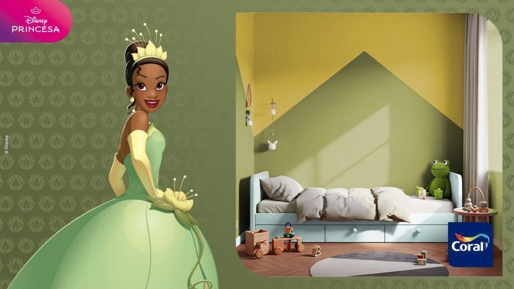 Imagem da princesa Tiana, da Disney, ao lado de um quarto decorado com cores inspiradas nela. O espaço apresenta paredes em tons verde e amarelo e um ambiente acolhedor com brinquedos e um boneco de sapo.