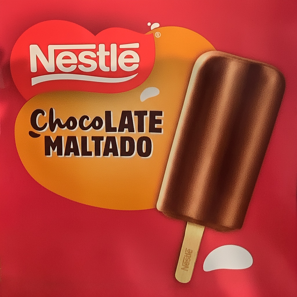 Embalagem do picolé Chocolate Maltado da Nestlé, apresentando um picolé coberto com chocolate ao lado do logotipo da marca.