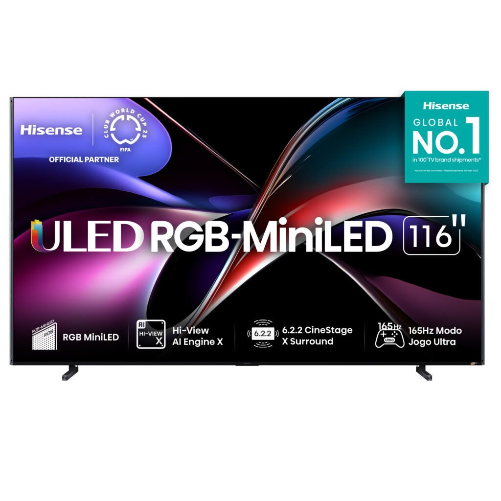 TV Hisense ULED RGB MiniLED de 116 polegadas com tecnologia Hi-View AI Engine X, taxa de atualização de 165Hz e sistema de som 6.2.2 CineStage X Surround.