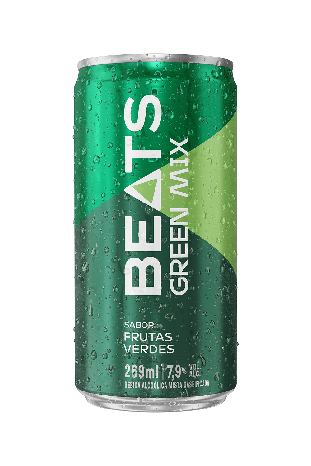 Lata da bebida Beats Green Mix com sabor de frutas verdes, mostrando gotas de água na superfície.