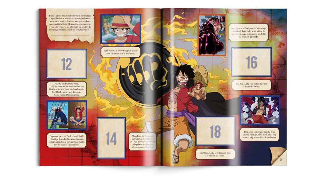 Página do álbum de figurinhas de One Piece, destacando o personagem Luffy com efeitos de fogo e espaços para colagem de cromos, além de várias imagens do personagem.
