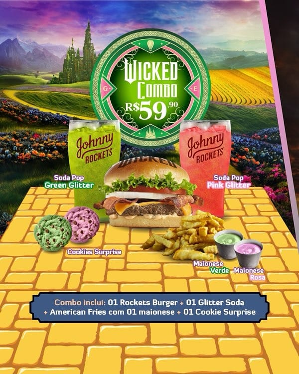 Imagem promocional do combo Wicked da Johnny Rockets, incluindo um burgers, glitter sodas verde e rosa, american fries com maionese especial e cookies surpresa, em um cenário inspirado em Oz.