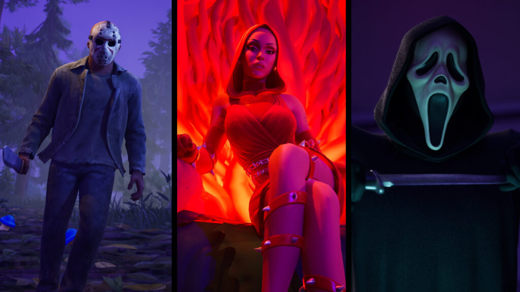 Imagem mostrando três personagens de Halloween: Jason Voorhees à esquerda, Doja Cat como Mãe dos Espinhos ao centro, e Ghostface à direita, todos em um ambiente temático assustador.
