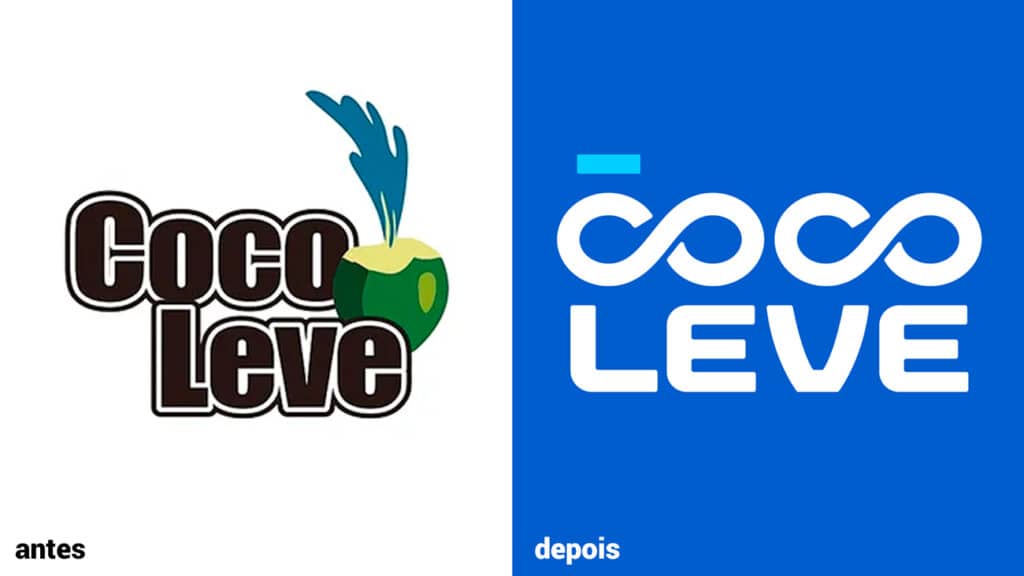 Comparação entre os antigos e novos logos da Coco Leve, destacando a nova tipografia suave e os símbolos do infinito.
