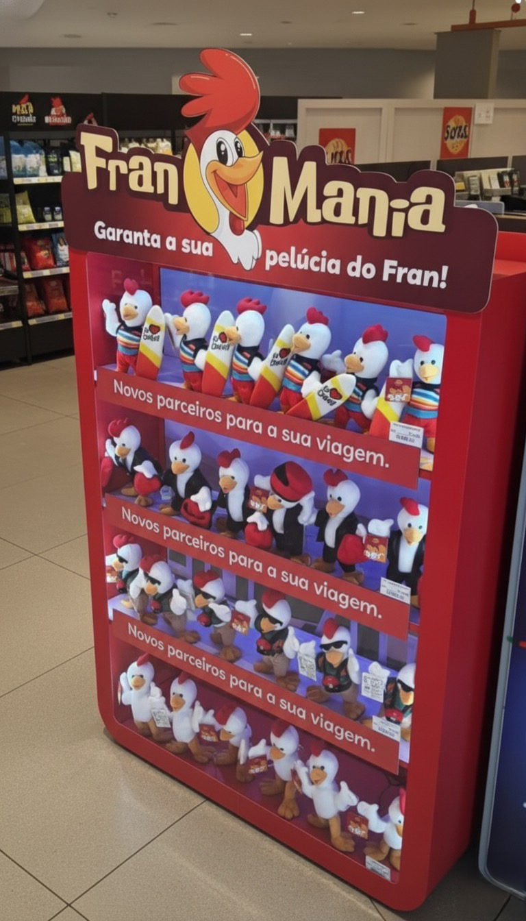 Exibição de pelúcias do mascote Fran, do Frango Assado, em um display colorido, apresentando diferentes versões colecionáveis do personagem, com legendas promocionais ao fundo.