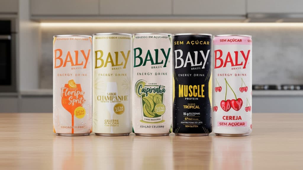 Cinco latas de energéticos da marca Baly em uma mesa, com rótulos exibindo os sabores Floripa Spritz, Champanhe, Caipirinha, Muscle Protein Tropical e Cereja, todos sem açúcar.