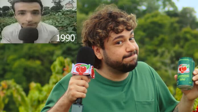 Screenshot dos filmes publicitários onde Brino faz a mesma expressão facial do apresentador de 1990 onde Guaraná Antarctica cutuca a Coca-Cola