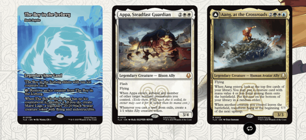 Três cartas da coleção Magic: The Gathering | Avatar: The Last Airbender, incluindo 'The Boy in the Iceberg', 'Appa, Steadfast Guardian' e 'Aang, at the Crossroads', apresentando ilustrações coloridas e descrições de habilidades.