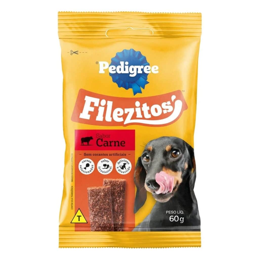Embalagem do Petisco Filezitos da Pedigree no sabor Carne, destacando um cão da raça Dachshund lambendo os lábios, com informações sobre o produto na parte inferior.