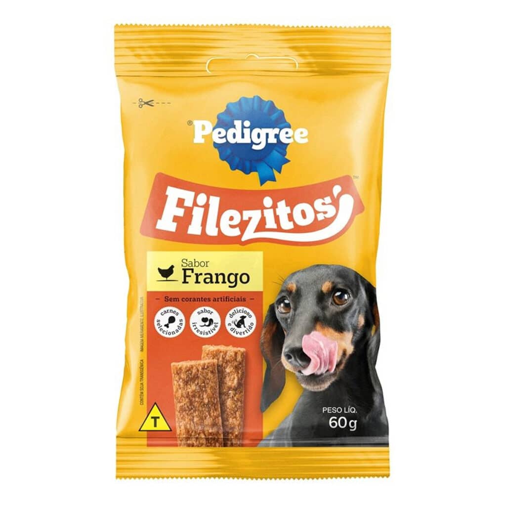 Embalagem dos Petiscos Filezitos da Pedigree, sabor Frango, com imagem de um cachorro lambendo os lábios. Informações sobre o produto estão visíveis, incluindo peso líquido de 60g.