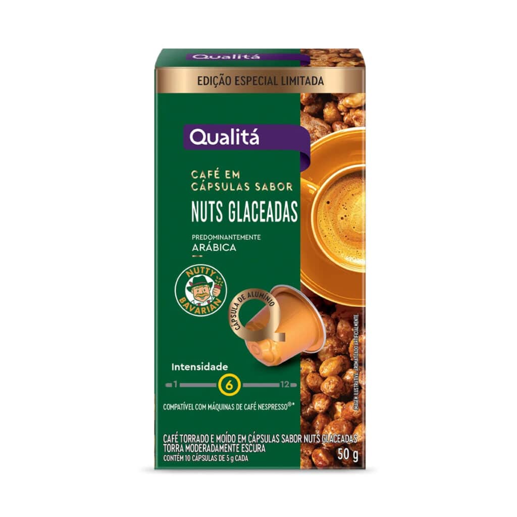 Embalagem de cápsulas de café sabor nuts glaceadas da marca Qualitá, destacando suas características, como intensidade 6, predominantemente arábica e compatibilidade com máquinas de café Nespresso.