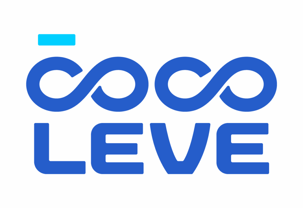 Logo da Coco Leve com design suavizado, apresentando símbolos do infinito em um azul. Imagem em PNG sem fundo.
