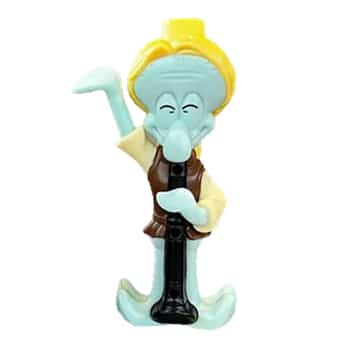 Brinquedo colecionável do personagem Lula Molusco, segurando um clarinete, disponível como parte do combo infantil do Burger King relacionado ao filme Bob Esponja: Em Busca da Calça Quadrada.