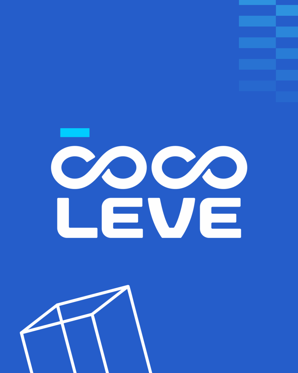 Logo da Coco Leve com design moderno, apresentando a palavra 'Coco' com dois símbolos do infinito e 'LEVE' abaixo, em fundo azul com uma ilustração de um cubo de gelo.