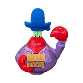 Brinquedo colecionável do personagem Seu Sirigueijo, da série Bob Esponja, vestindo uma roupa de pirata e segurando um baú do tesouro.