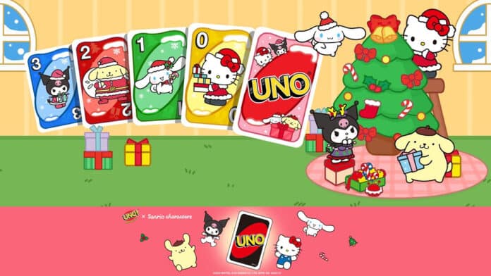 Ilustração natalina com personagens da Sanrio ao lado de uma árvore de Natal, incluindo Hello Kitty, Cinnamoroll, Kuromi e Pompompurin. À esquerda, cartas do jogo UNO em versões temáticas dos personagens exibem números coloridos. Presentes estão espalhados pelo chão e, na parte inferior, aparece a marca UNO Mobile ao lado dos personagens em estilo fofinho.
