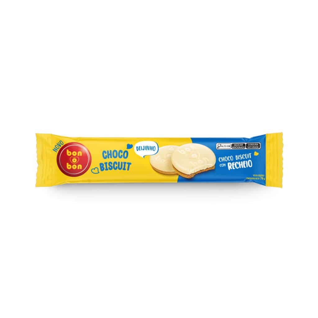 Embalagem do Bon o Bon Biscuit sabor Beijinho, destacando biscoitos com recheio em um design colorido.
