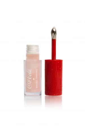 Gloss Serum da coleção BT ♥ Coca-Cola, com embalagem clara e aplicador vermelho, mostrando a textura leve do produto.