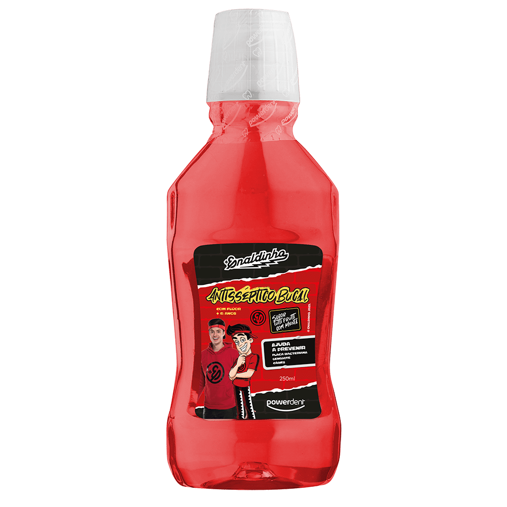 Frasco de antisséptico bucal infantil da Powerdent, com rótulo colorido e ilustrações de Enaldinho. O líquido é de cor vermelha e o frasco é de 250ml.