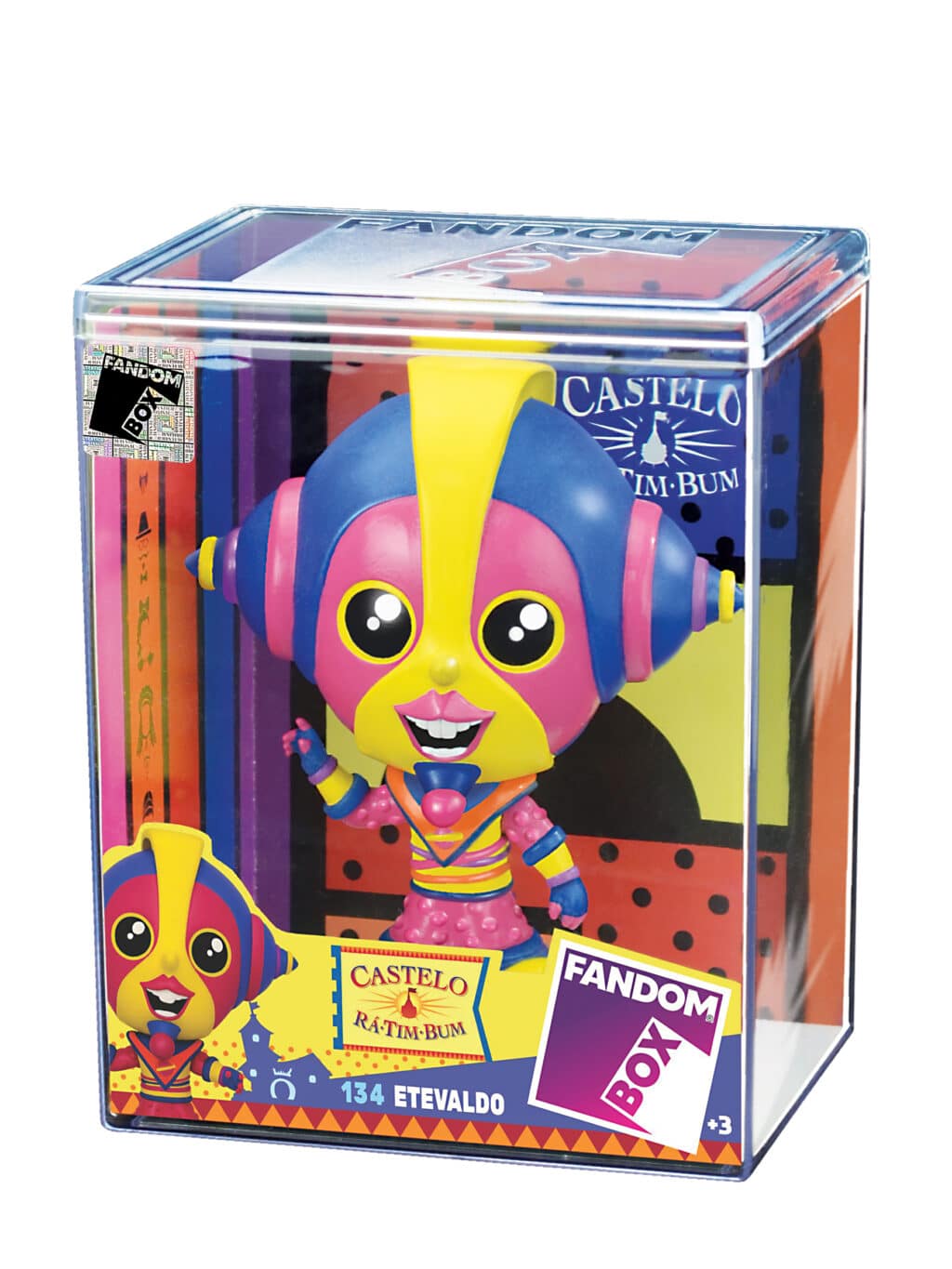 Figura colecionável do personagem Etevaldo, da série Castelo Rá-Tim-Bum, apresentado dentro de uma caixa da Fandom Box.