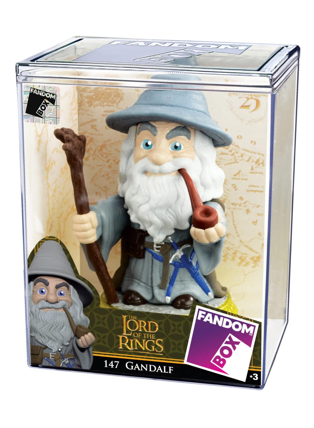 Miniatura de Gandalf, personagem de O Senhor dos Anéis, segurando um cajado e um cachimbo, dentro de uma caixa de colecionável da Fandom Box.