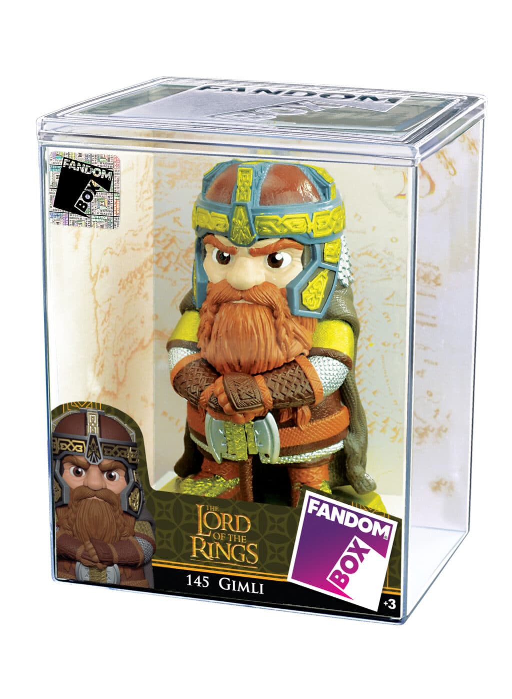 Miniatura colecionável do personagem Gimli, do Senhor dos Anéis, em embalagem da Fandom Box.