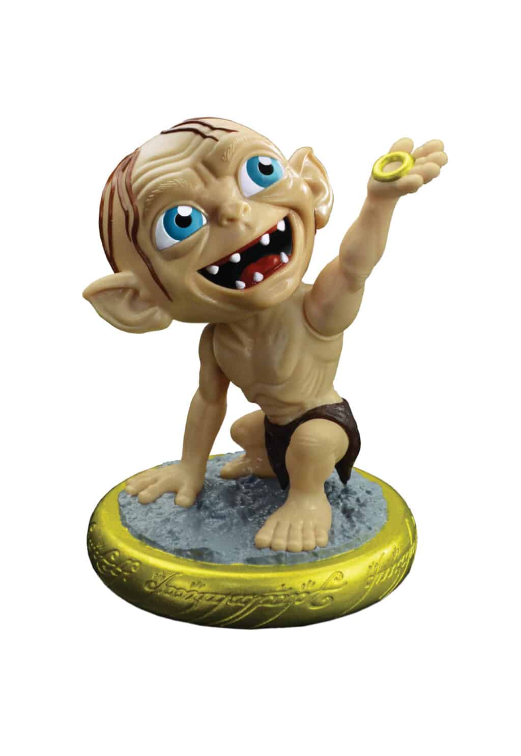 Miniatura do personagem Gollum de 'O Senhor dos Anéis', segurando um anel e exibindo um sorriso peculiar.