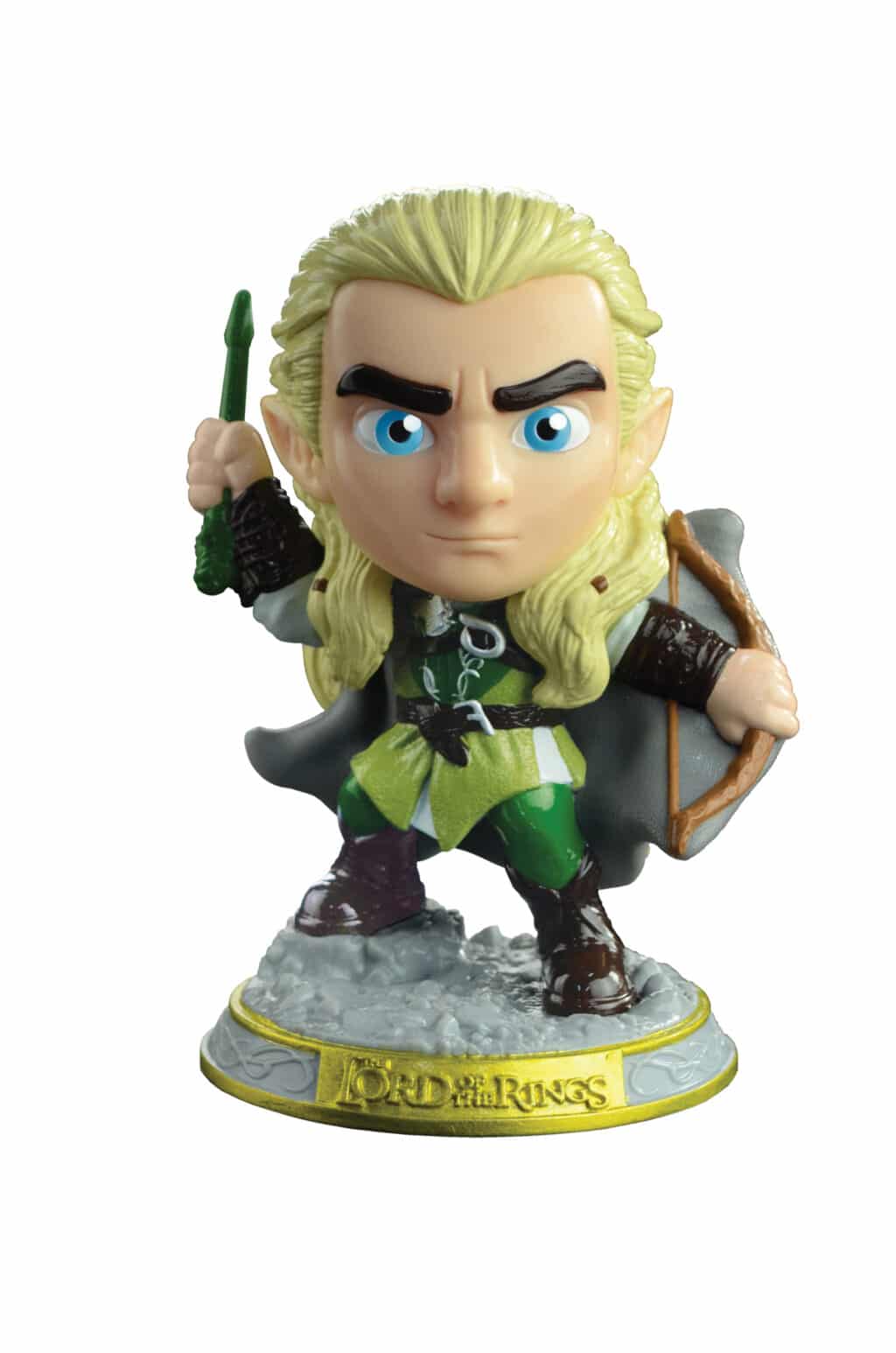 Miniatura do personagem Legolas, do Senhor dos Anéis, com cabelo loiro, capa, arco e flecha, em uma base decorativa.