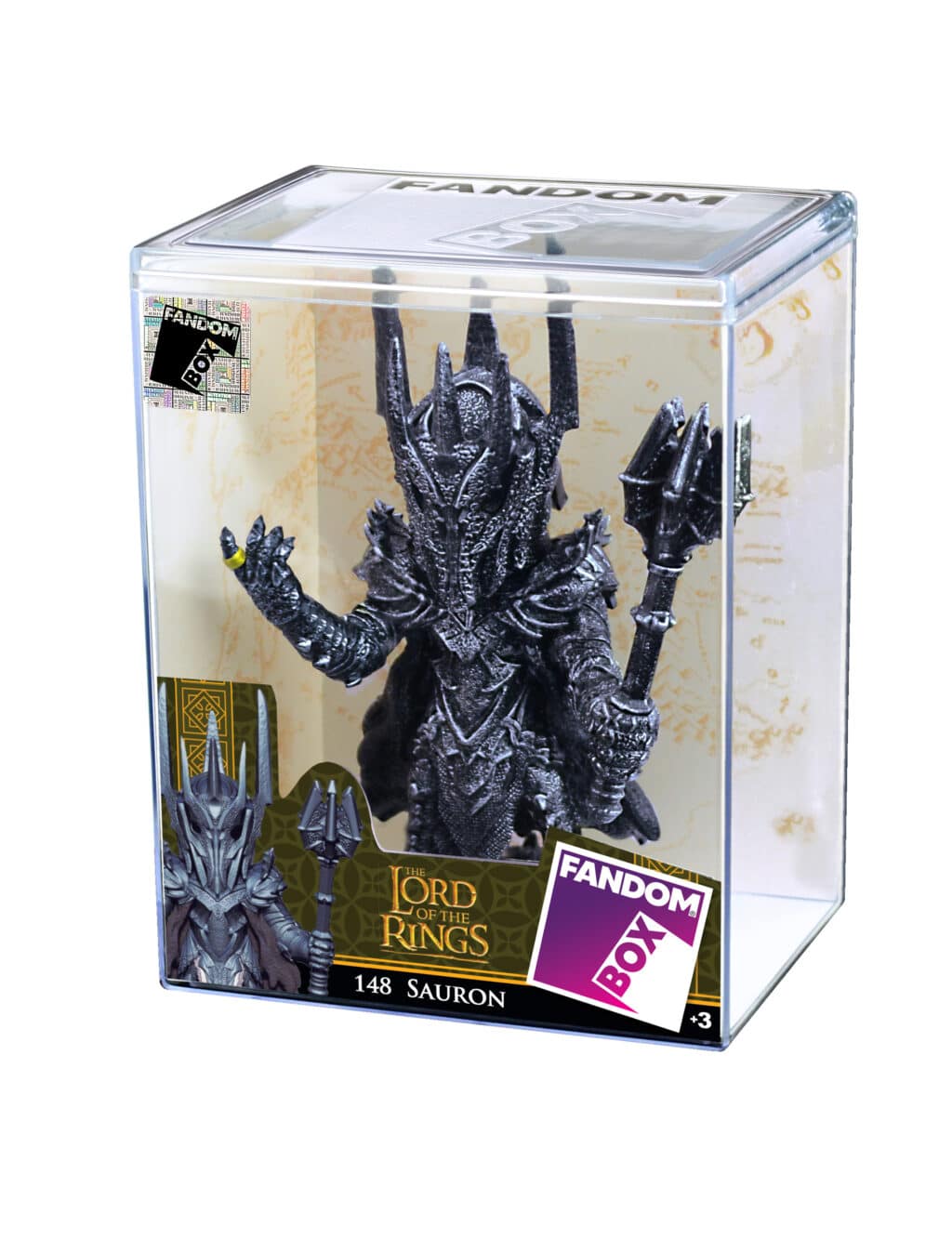 Figura colecionável do personagem Sauron de O Senhor dos Anéis, apresentada em embalagem transparente da Fandom Box.