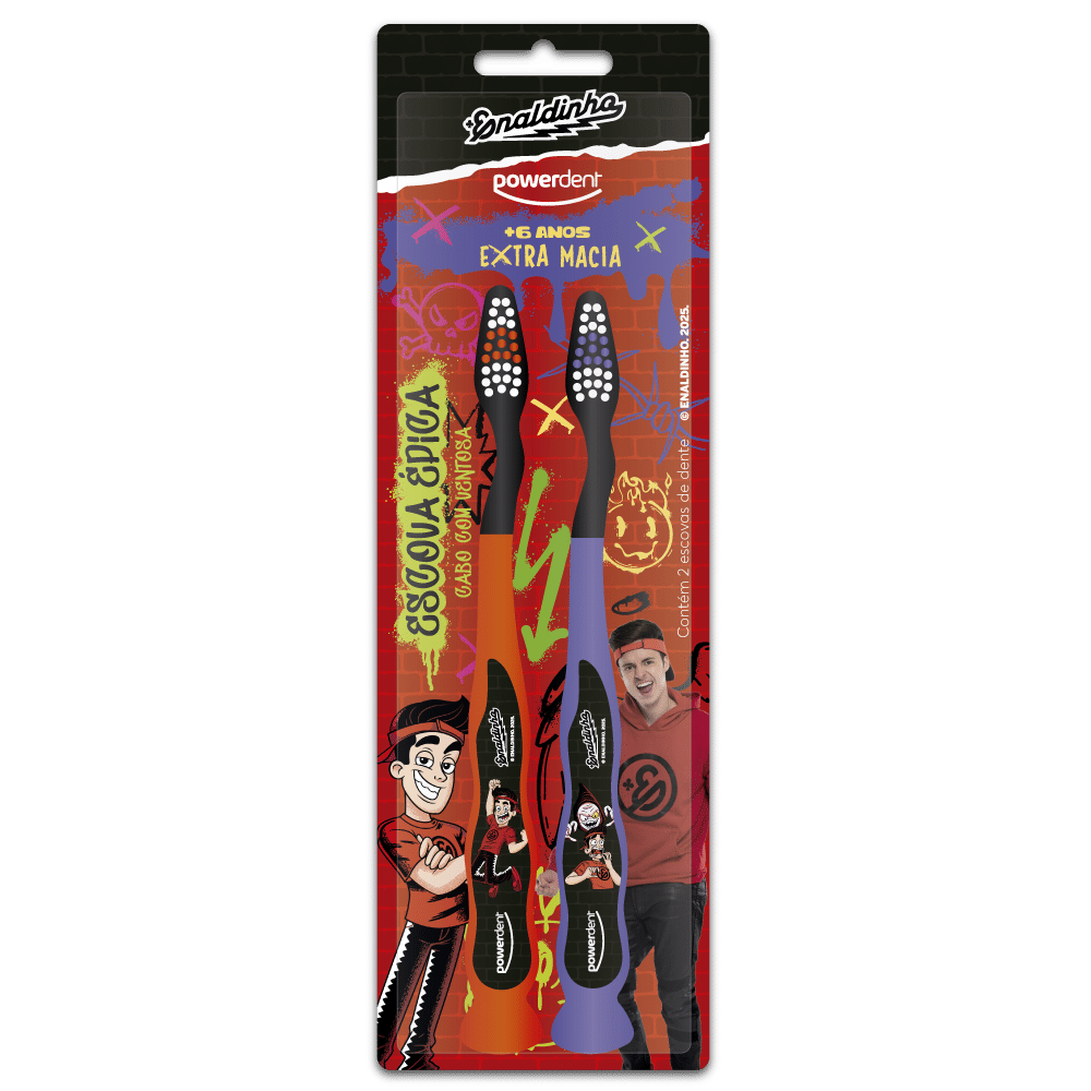 Pacote contendo duas escovas de dente infantis da marca Powerdent em parceria com Enaldinho, com design colorido e ilustrações voltadas para crianças.