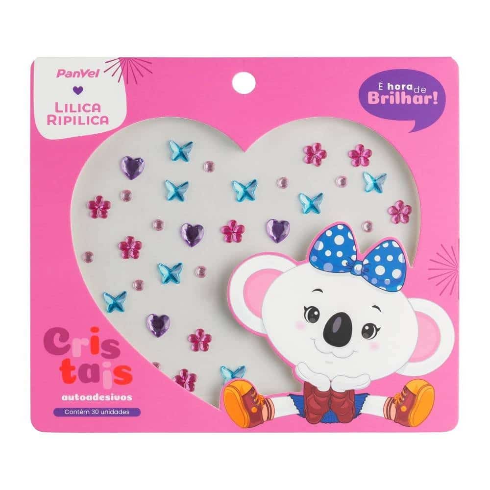 Embalagem de adesivos Cristais da coleção com fundo rosa, contendo 30 adesivos coloridos em formato de corações, borboletas e flores. A figura de um koala estilizado com um laço azul e vestido colorido também está presente.