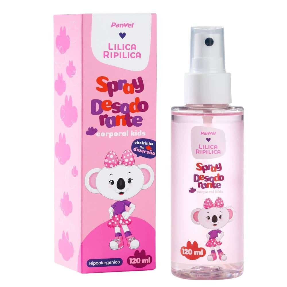 Spray desodorante corporal infantil da coleção PanVel + Lilica Ripilica, apresentado em embalagem rosa com ilustração de uma koala vestindo saia e laço.
