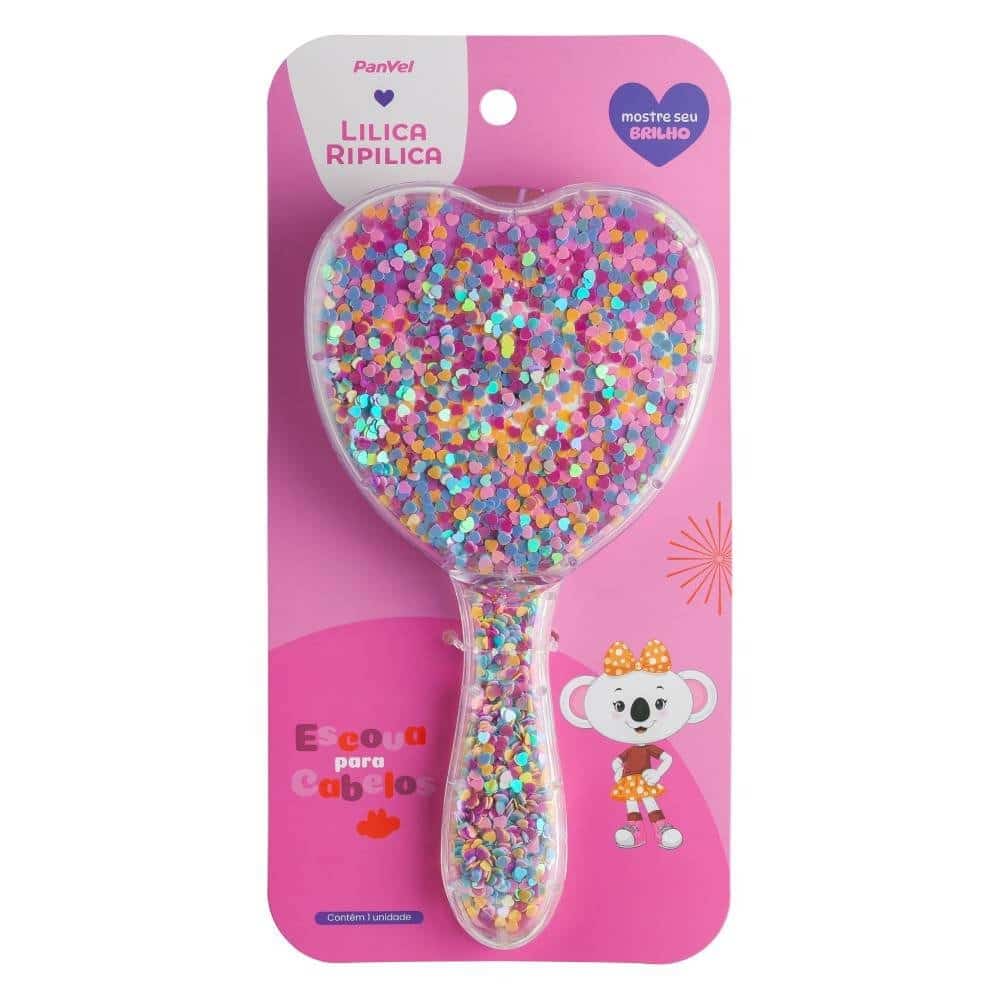 Pente de cabelo em formato de coração com glitter colorido, embalagem rosa com a inscrição 'Escova para Cabelos' e imagem de personagem infantil.
