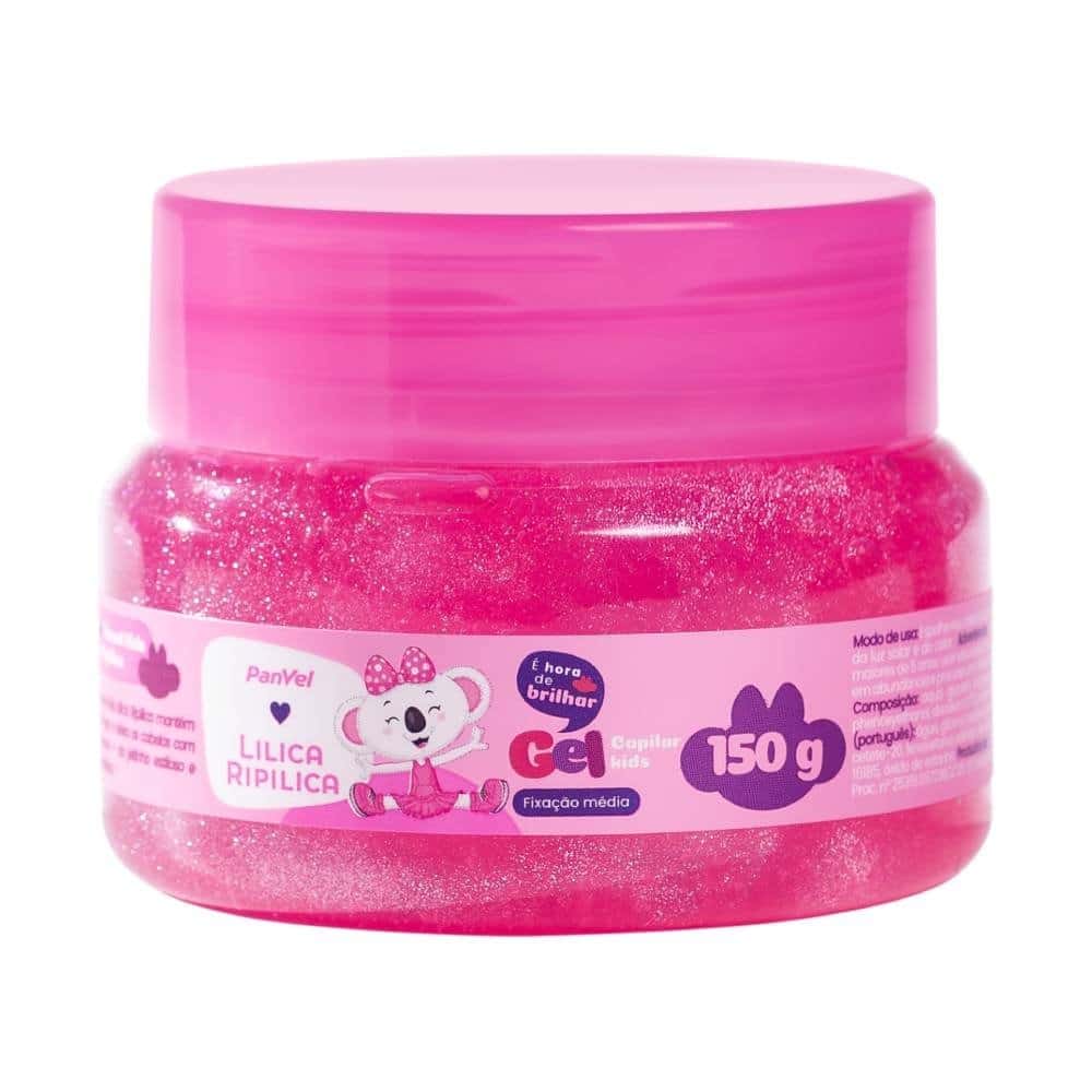 Frasco de gel capilar infantil da coleção Panvel + Lilica Ripilica com tampa rosa e etiqueta colorida, contendo 150 g de produto.