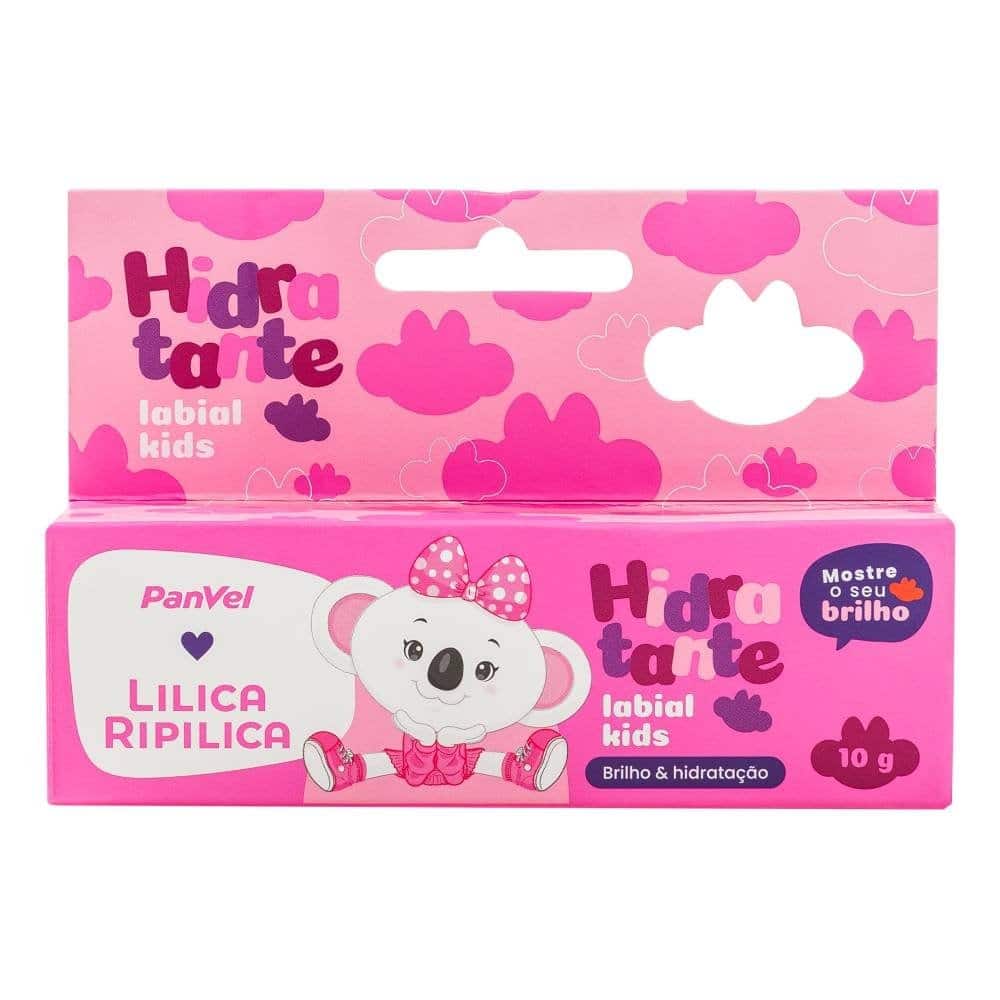 Embalagem do hidratante labial infantil da coleção Panvel + Lilica Ripilica, com design colorido e ilustração de um coalinho que usa um laço rosa. A embalagem destaca a frase 'Hidratante labial kids' e contém 10 g do produto.