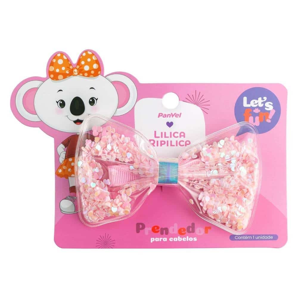 Prendedor de cabelo em formato de laço, adornado com confete rosa, com embalagem ilustrativa da personagem Lilica Ripilica.