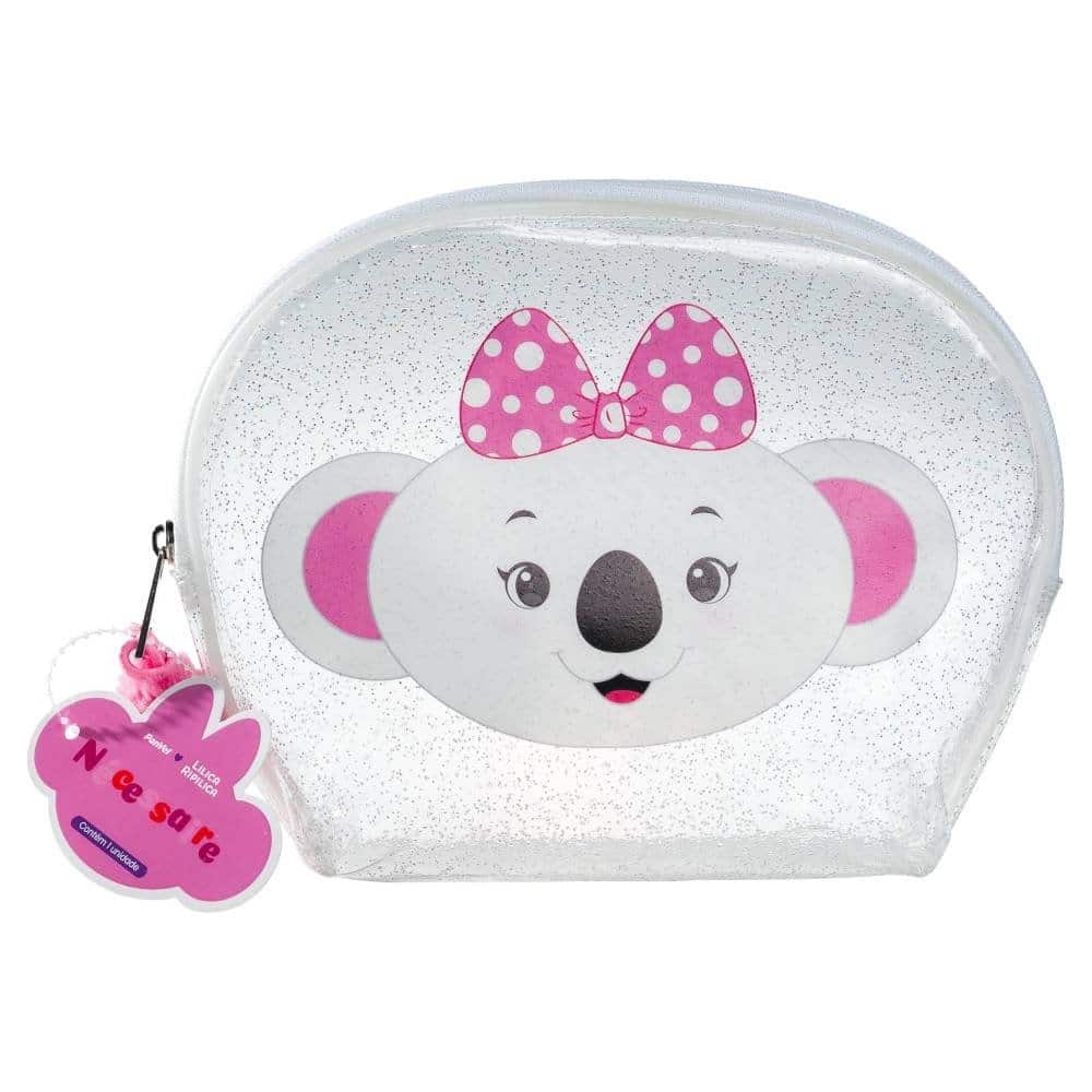 Necessaire infantil com estampa de um koala simpático e laço rosa, com detalhe brilhante