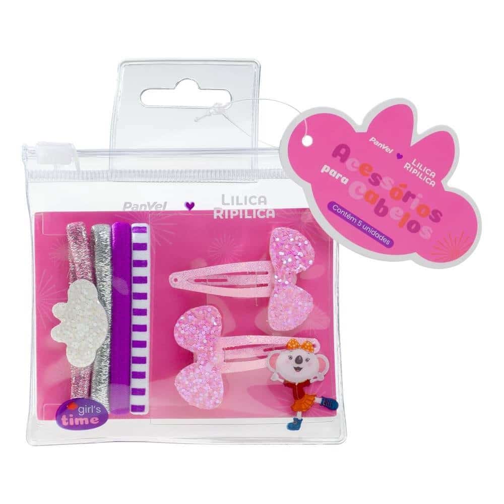 Conjunto de acessórios para cabelos da coleção, que inclui prendedores de cabelo e elásticos coloridos em embalagem rosa.