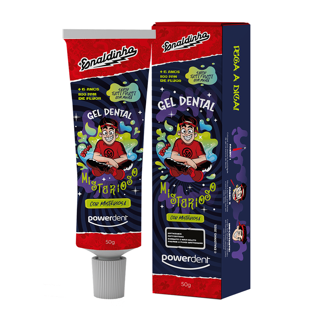 Embalagem de gel dental infantil da marca Powerdent, com o tema 'cor misteriosa', ilustrada com um personagem animado e disponível em um tubo de 50g.