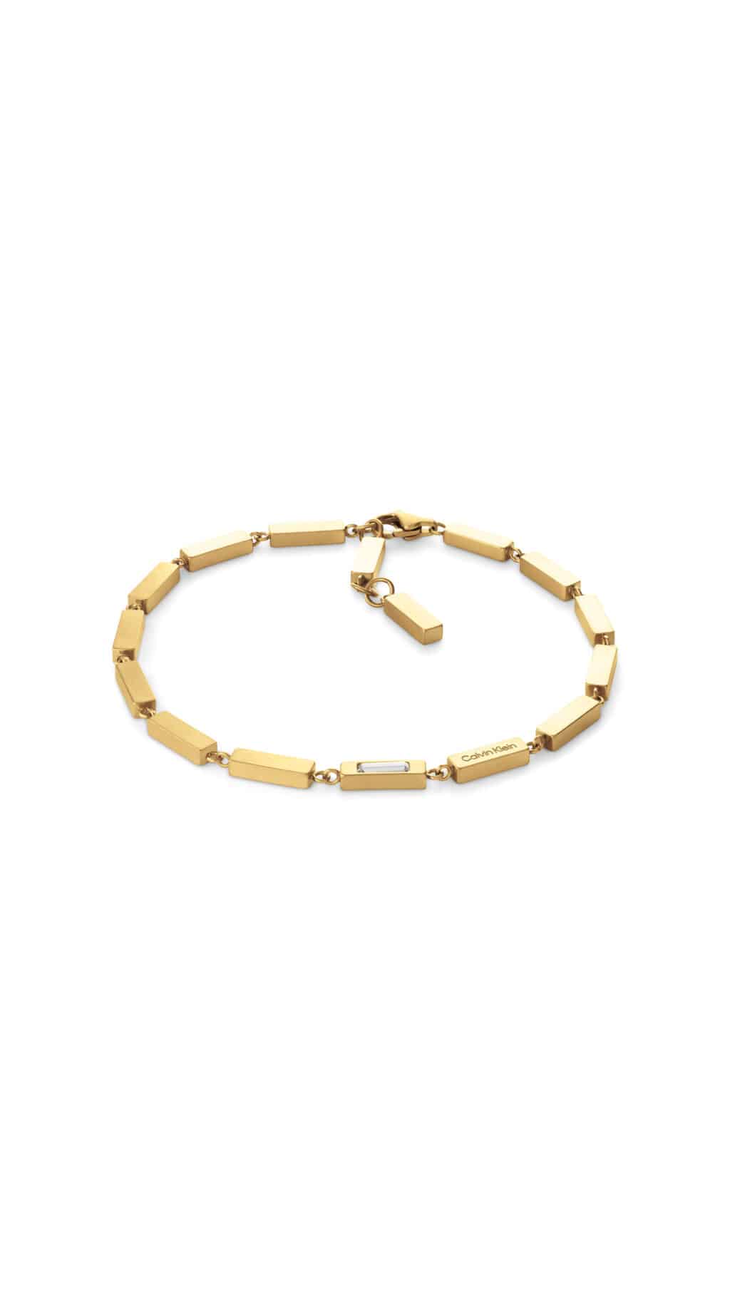 Pulseira de joias da Calvin Klein, com design minimalista, composta por elos retangulares em acabamento dourado.