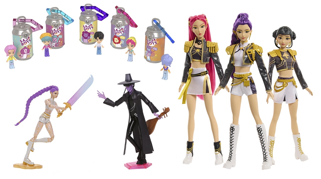 Colecionáveis e bonecas da linha Guerreiras do K-pop da Mattel, incluindo várias figuras de ação e acessórios.