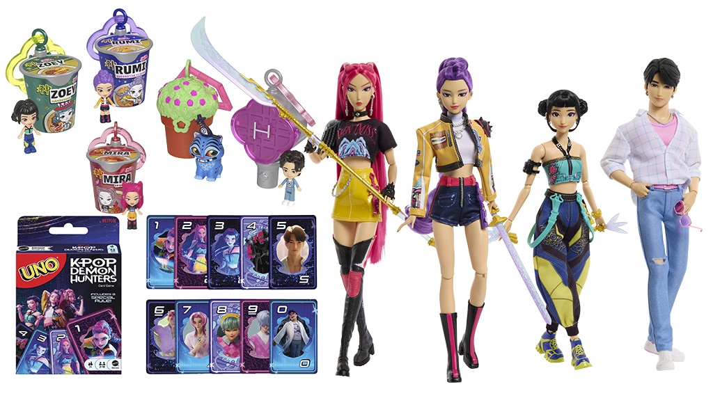 Linha de brinquedos e colecionáveis inspirada em Guerreiras do K-pop, incluindo bonecas e cartas de jogo UNO.