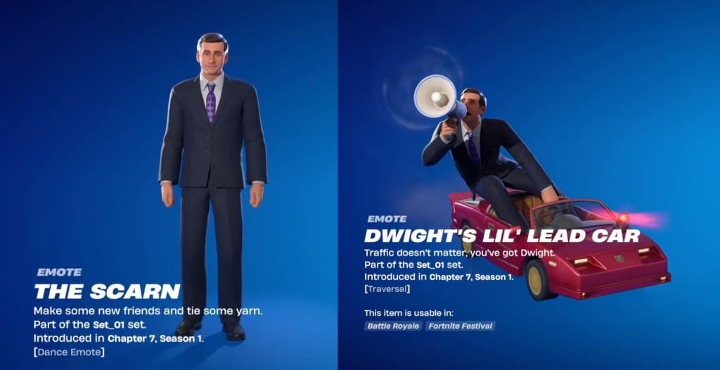 Emote 'The Scarn' do Fortnite, apresentando um personagem com traje formal, sorrindo e acenando, ao lado do emote 'Dwight's Lil' Lead Car', com um personagem usando um megafone, sentado em um carro vermelho, ambos com fundo azul.