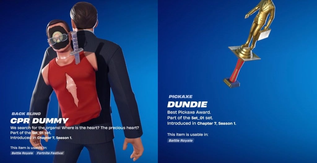 Imagem dos itens cosméticos da colaboração entre Fortnite e The Office, apresentando o acessório 'Boneco de RCP' e a picareta 'Dundie'.