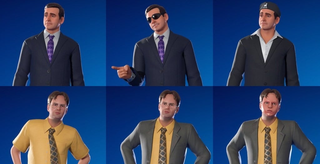Representação dos personagens Michael Scott e Dwight Schrute do jogo Fortnite, com várias opções de trajes e estilos, em um fundo azul.