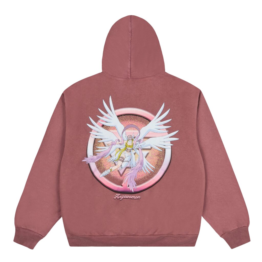 Moletom rosa com capuz apresentando a ilustração de Angewomon, uma evolução angelical de Digimon, com asas brancas e detalhes em rosa brilhante ao fundo.