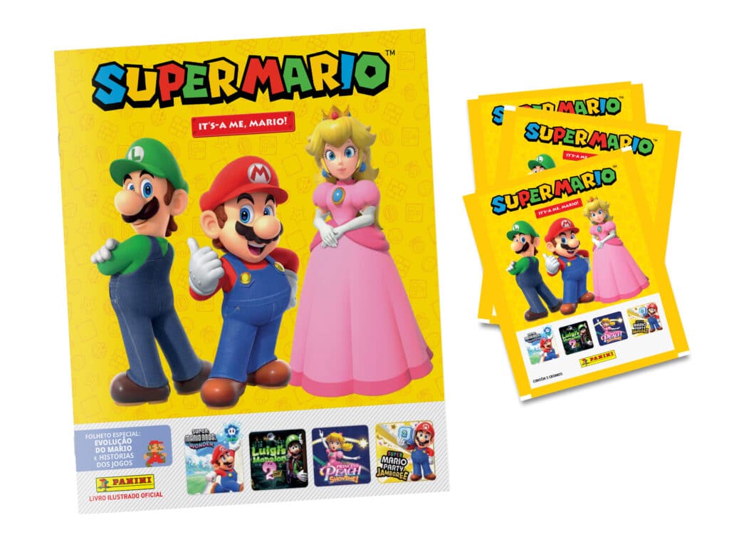 Capa do álbum de figurinhas do Super Mario, mostrando Mario, Luigi e Princesa Peach em destaque sobre um fundo amarelo, com o texto 'SUPER MARIO - IT'S-A ME, MARIO!'